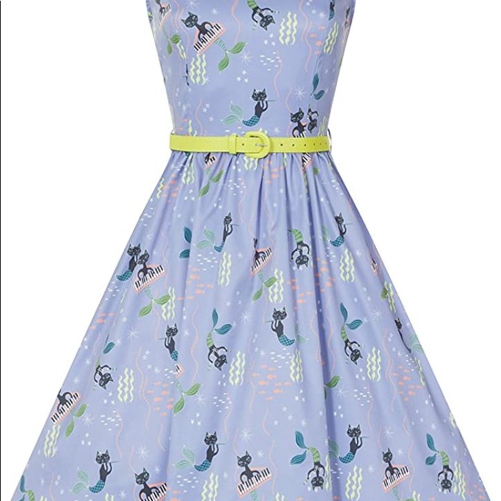 Lindy Bop Audrey Mercat Dress Pale Blue Mermaid Cat Music black belt included